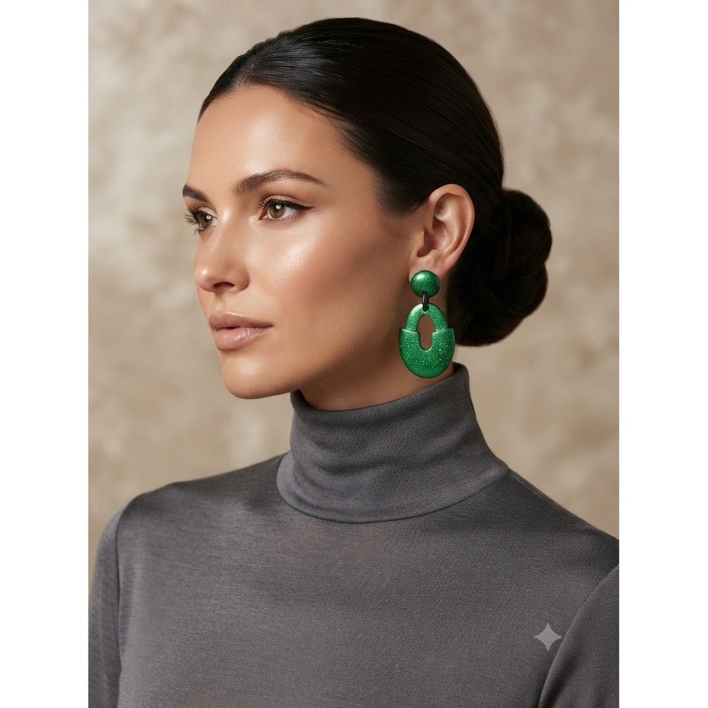 Green Glitter Geometric Drop Earrings Large Resin Statement Dangle Sparkle Retro